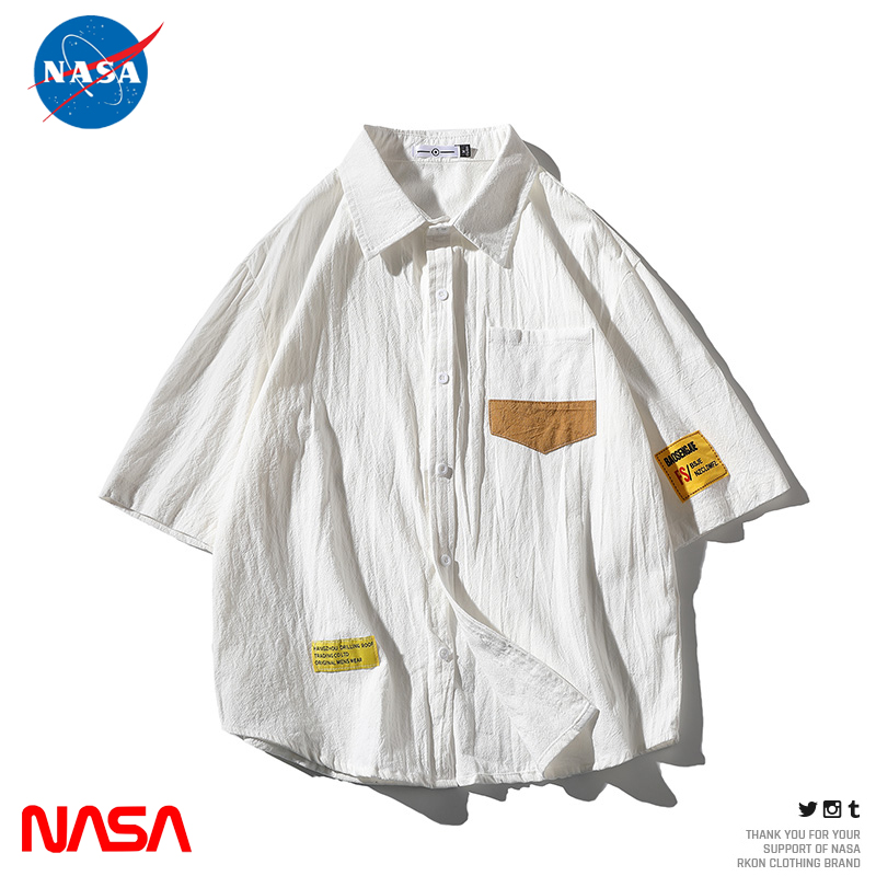 NASA联名短袖衬衫男士夏季港风复古休闲T恤痞帅半袖大码衬衣外套