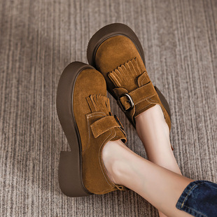 头层牛皮复古浅口单鞋女2025秋季新款厚底增高时尚勃肯鞋真皮女鞋