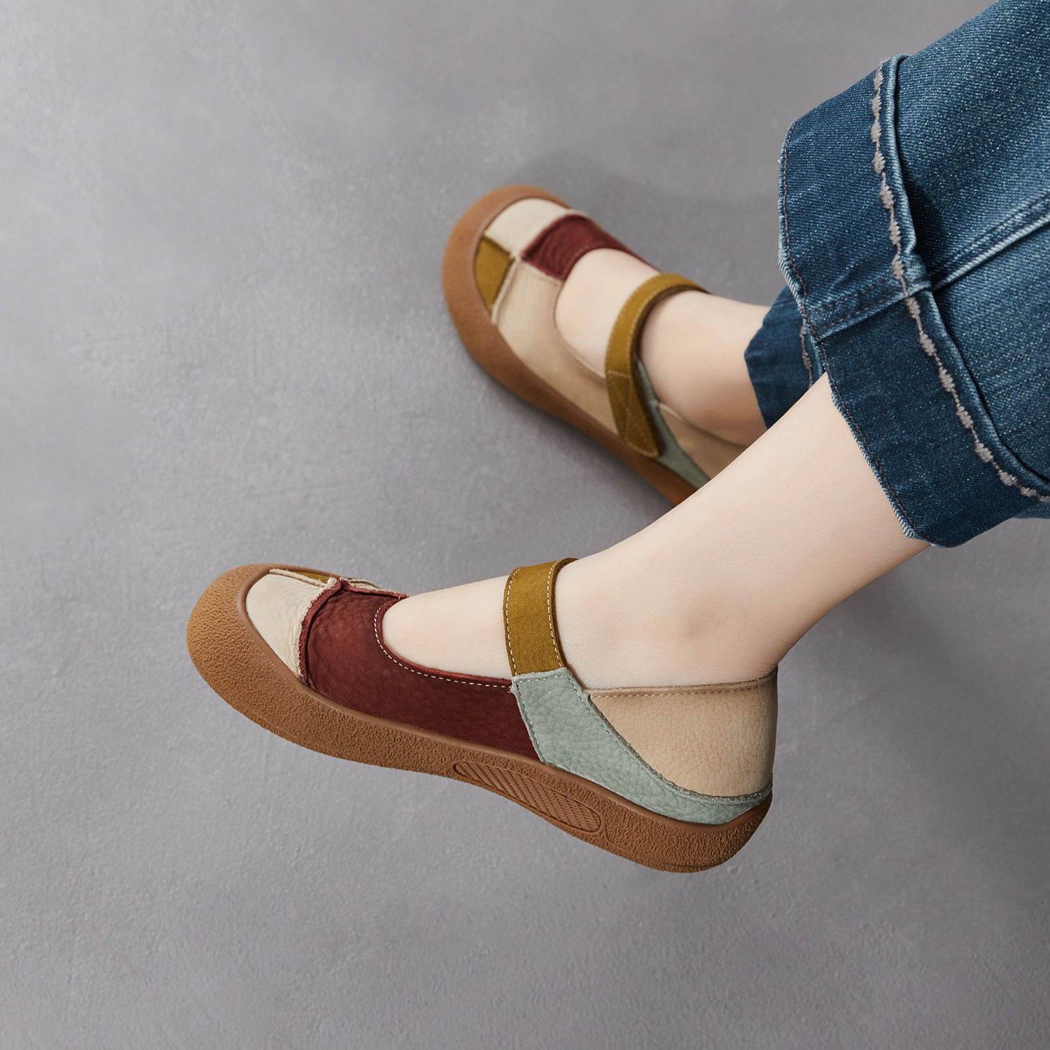 2026春新款复古文艺小众拼色真皮女鞋头层牛皮低跟丑萌玛丽珍单鞋,女鞋,浅口单鞋,淘宝优惠券,粉丝福利购,淘宝优惠卷