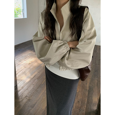 元派bluepops2025秋季新款休闲风纯色宽松拉链立领皮衣夹克外套女