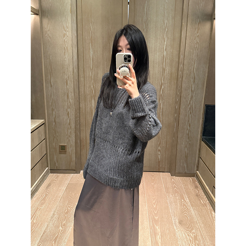 元派bluepops2025秋新款羊驼毛镂空毛衣慵懒宽松保暖针织衫女上衣