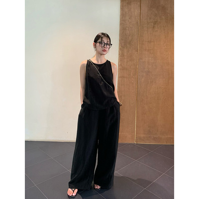 bluepops2025夏季新款简约风通勤无袖背心小衫+天丝阔腿裤套装女