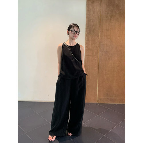 bluepops2025夏季新款简约风通勤无袖背心小衫+天丝阔腿裤套装女