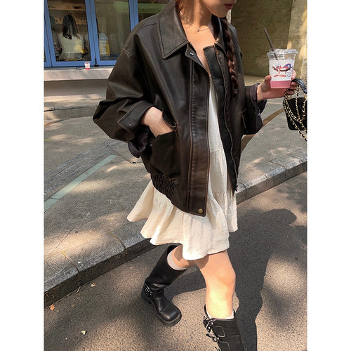 bluepops2024秋季新款韩版复古风宽松翻领PU皮衣夹克外套上衣女