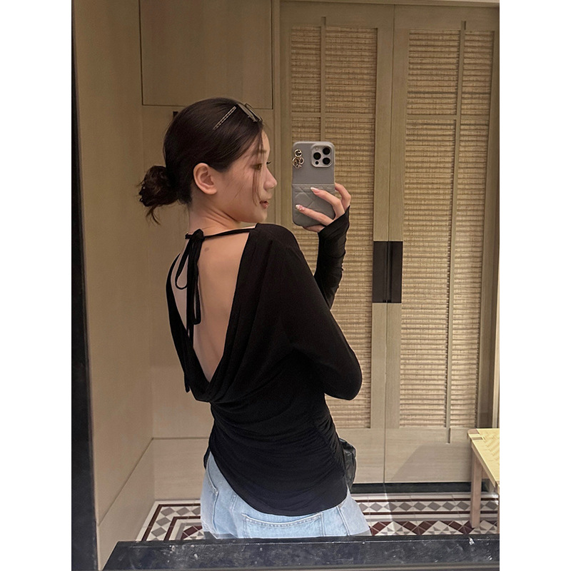 元派bluepops2025秋季新款设计感气质大露背系带长袖针织衫女上衣