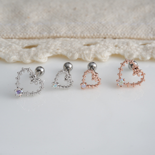 缕空爱心镶钻韩国直送气质钛钢粗杆旋转螺丝拧耳骨钉耳蜗耳门钉