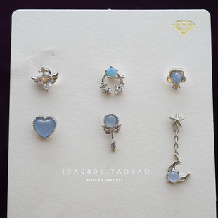 韩国进口耳钉天蓝爱心翅膀月亮天使耳骨钉耳蜗耳门钉粗针