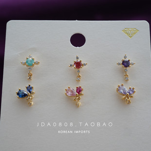韩国进口耳钉十字镶钻拼色蝴蝶耳骨钉耳蜗耳软骨耳门钉甜美少女风