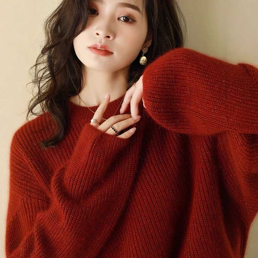 红色亮丝针织衫女秋冬新款欧货