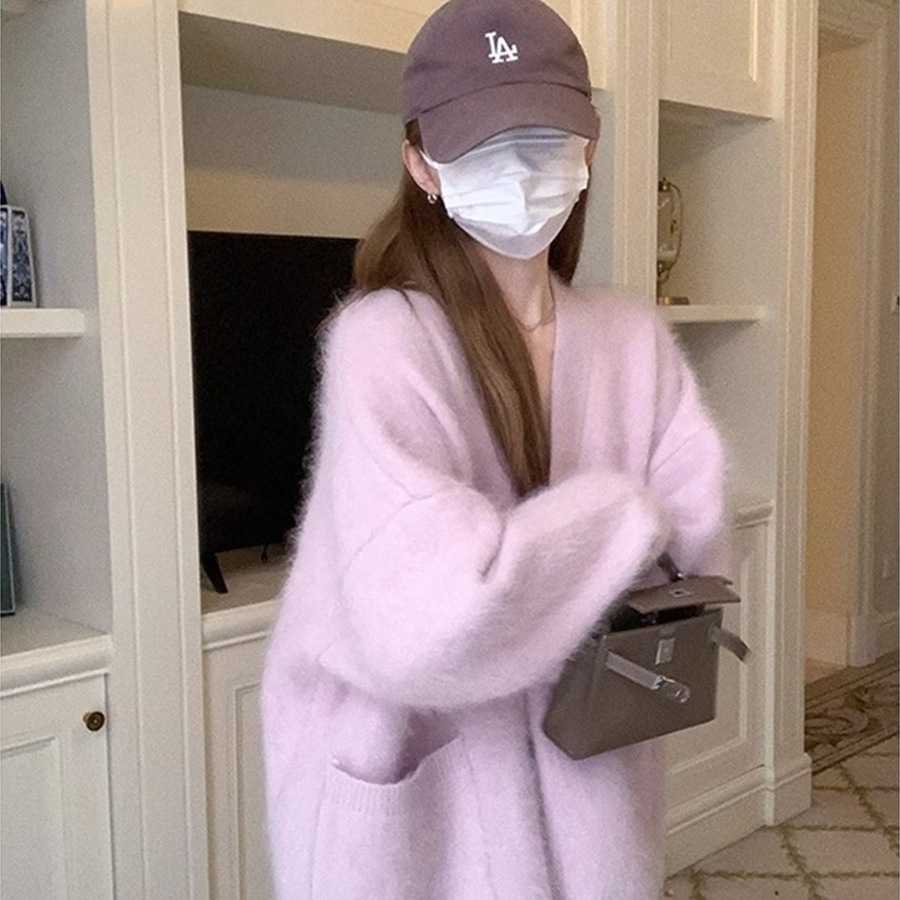 紫色水貂毛开衫毛衣外套女秋冬季