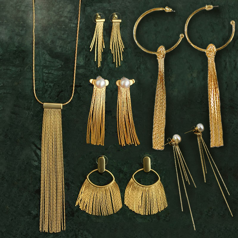 夜店女王欧美麦穗光面小流苏耳环女复古个性时尚锆石链条长款项链