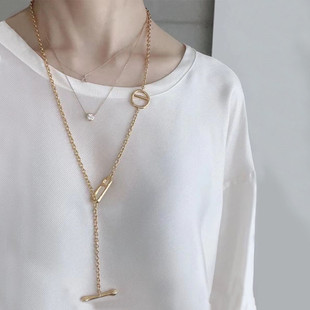 日本小众猪鼻子长款项链男925纯银简约时尚毛衣链女ins冷淡风几何