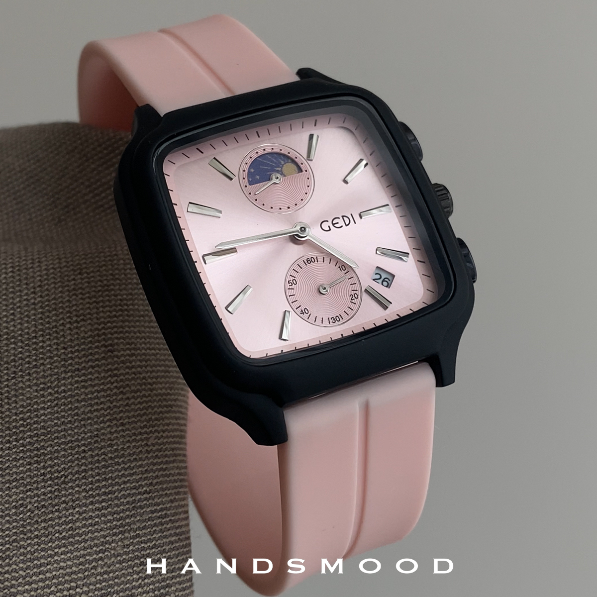 handsmood 日月星辰落樱粉撞色日历大表盘甜酷风学生女士石英手表