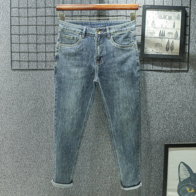复古水洗九分牛仔裤男修身直筒小脚秋季休闲春秋季弹力新款