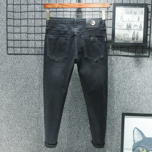 香港春秋款黑色小个子九分牛仔裤男修身小脚秋季休闲弹力加绒裤子