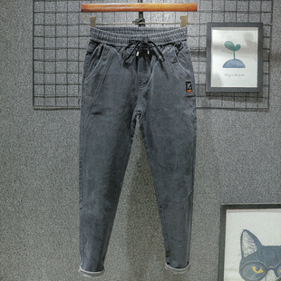 系带秋冬季绳子松紧腰系绳牛仔裤男修身小脚弹力加绒秋季款裤子