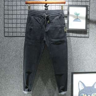 2025新款松紧腰抽绳秋季牛仔裤男修身小脚小锥形加绒秋冬弹力裤子