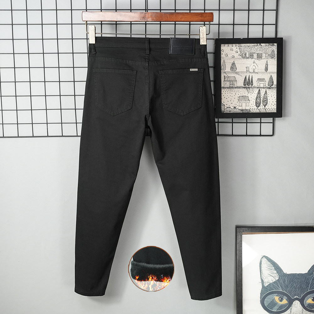 加绒加厚黑色秋冬季九分牛仔裤男修身小脚弹力休闲纯黑2025新款