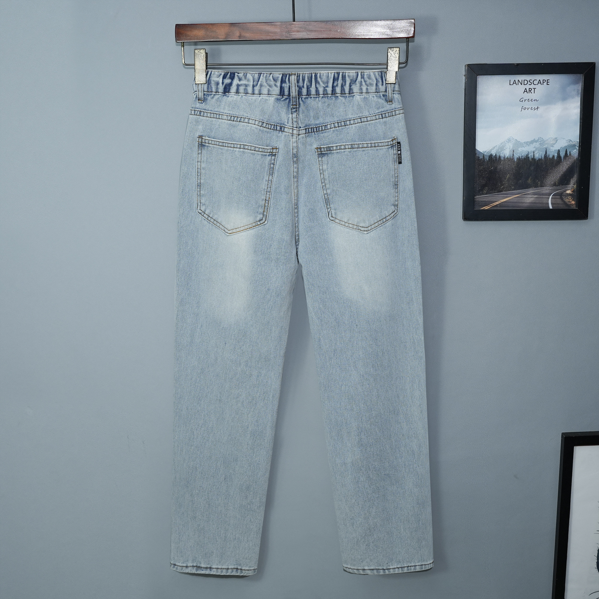 帅气夏季宽松九分牛仔裤男直筒潮流2025蓝色水洗浅蓝松紧腰新款