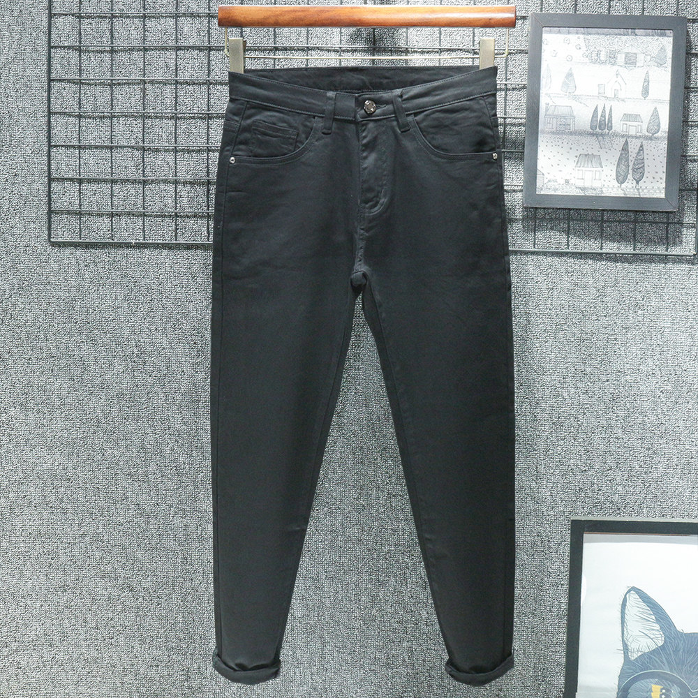 香港夏季薄款 黑色九分牛仔裤男士修身小脚冰丝纯黑长裤弹性裤子