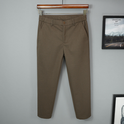 毛呢秋冬季裤子男士秋季九分休闲裤宽松直筒呢子棕色磨毛2025新款