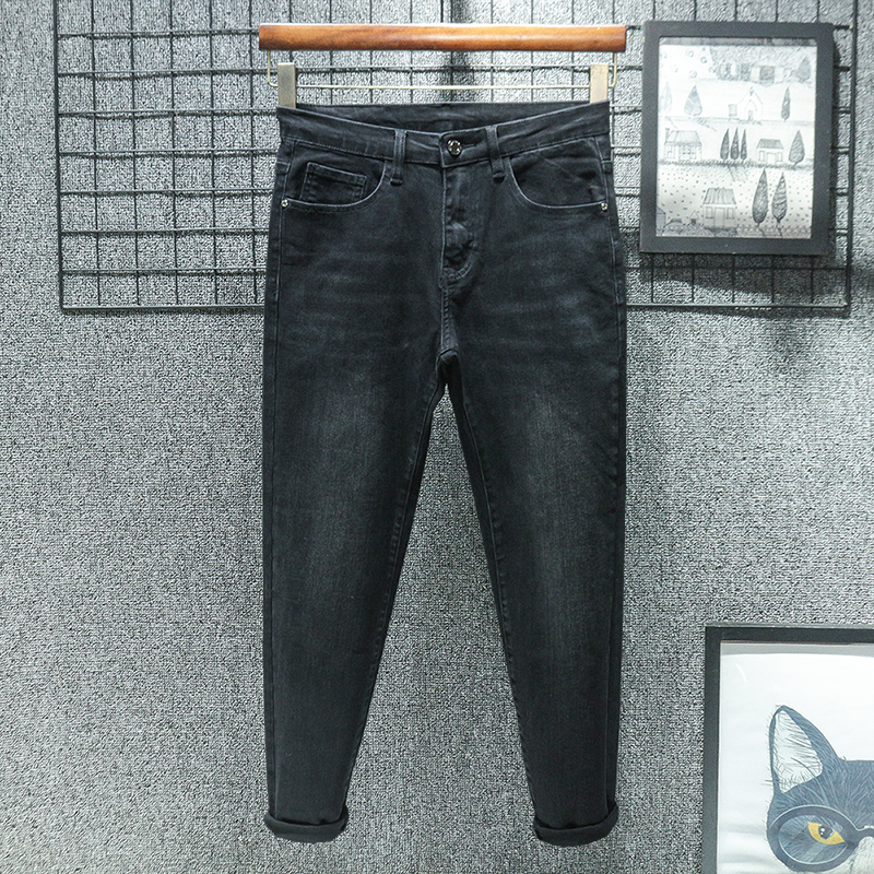 新款秋季黑灰九分牛仔裤男修身小脚秋冬款加绒休闲小个子弹力裤子