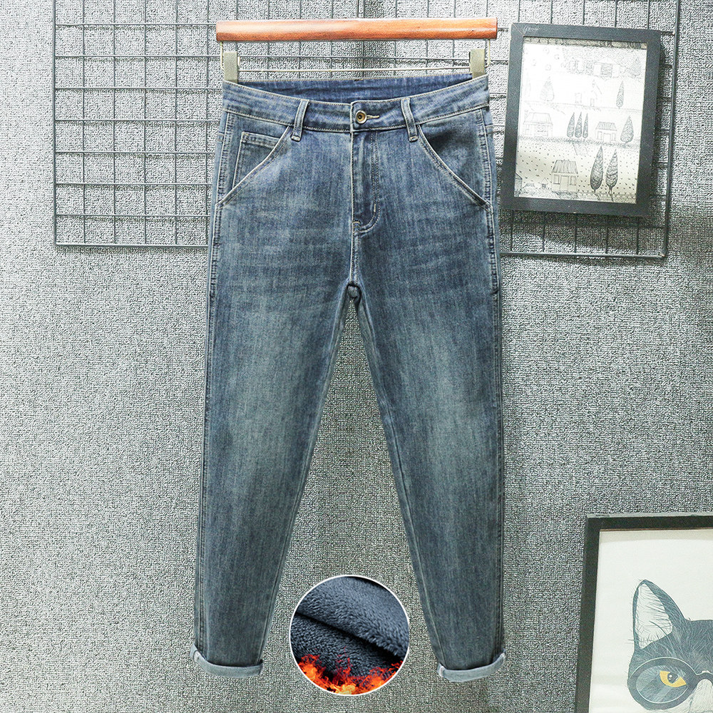 加绒加厚款秋冬季九分牛仔裤男士锥形修身小脚小直筒休闲水洗弹力