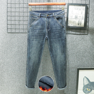加绒加厚款秋冬季九分牛仔裤男士锥形修身小脚小直筒休闲水洗弹力