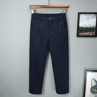 毛呢秋冬季宝蓝色裤子男士九分休闲裤宽松直筒长裤加厚深蓝呢子