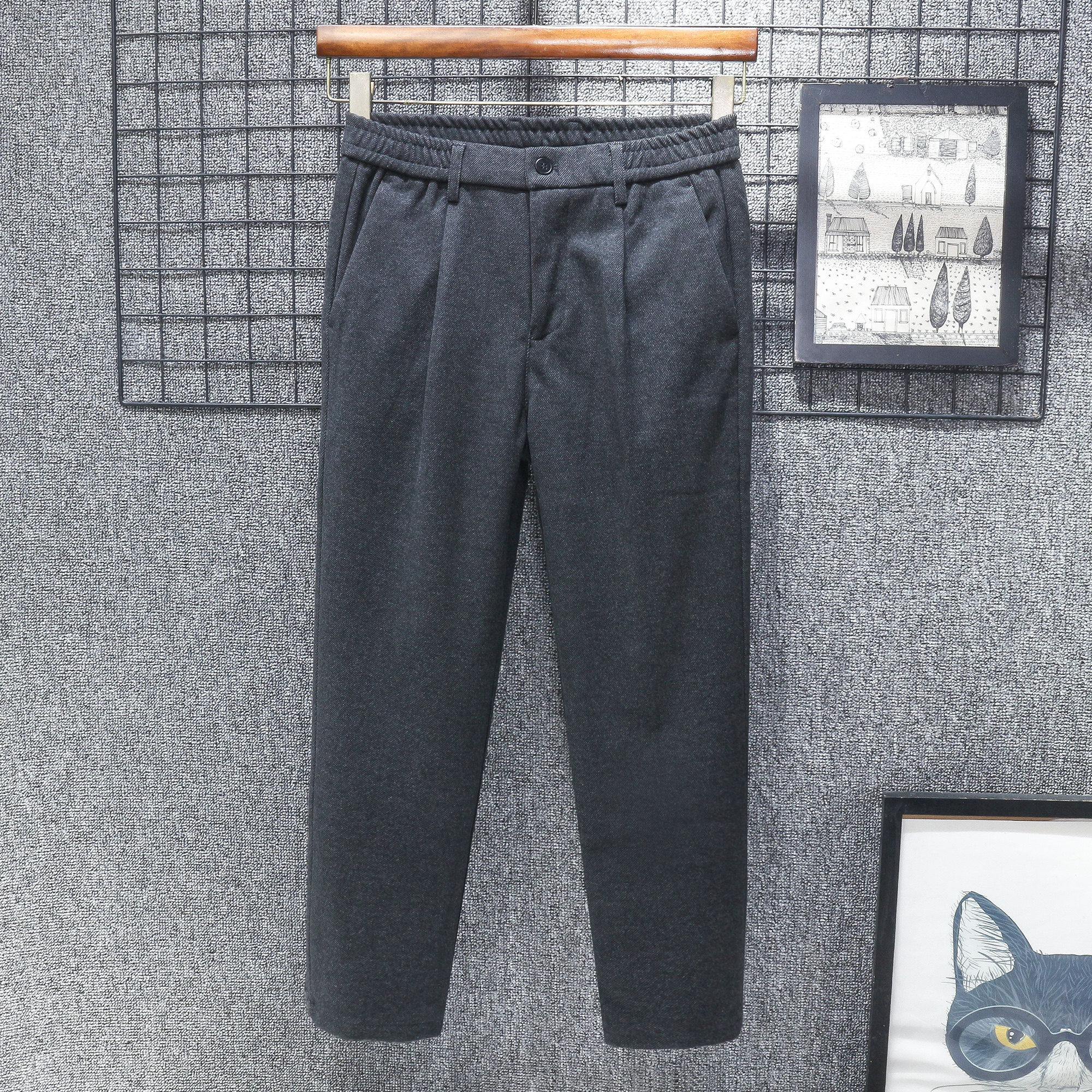 秋冬季毛呢裤子男士九分休闲裤加绒加厚西裤宽松直筒春秋新款磨毛