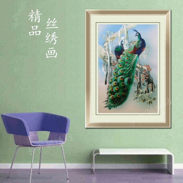 精品丝线苏绣成品客厅挂画卧室玄关装饰画礼品机绣苏州刺绣画孔雀图片