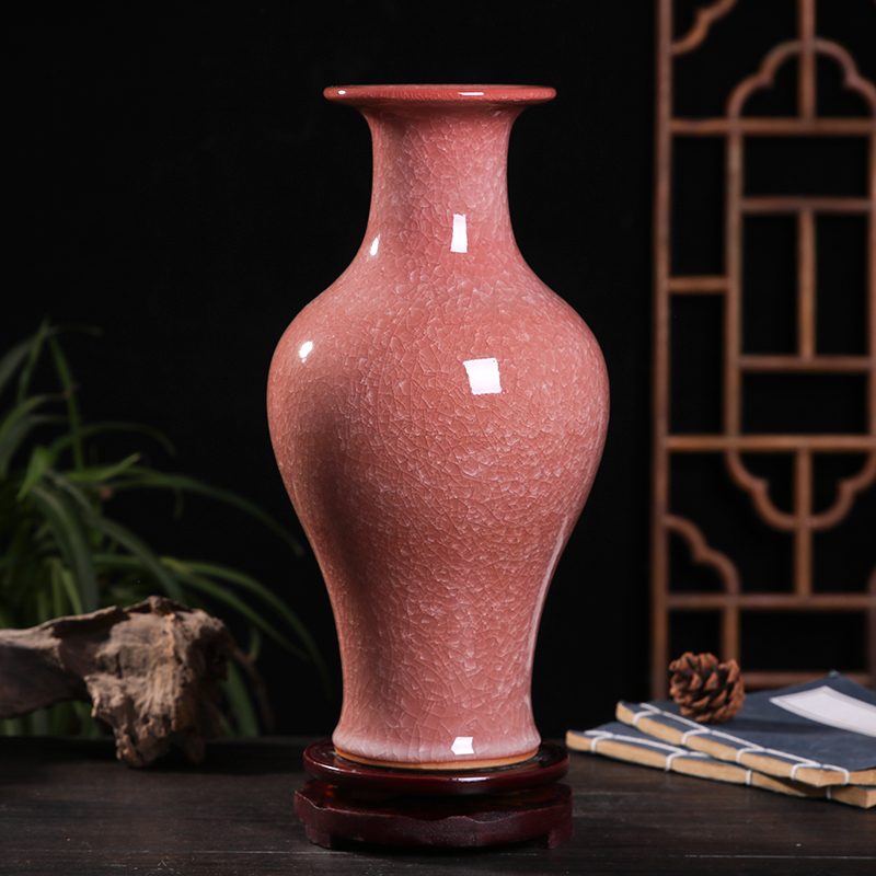 Cracked glaze jade borneol ceramic vase pink fishtail bottle Jingdezhen porcelain living room decoration Chinese style ornaments