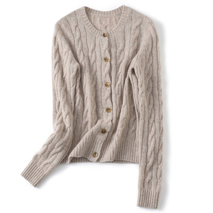 纯色麻花圆领外搭小外套毛衣 女开衫 2026年春秋新款 内蒙古羊绒衫