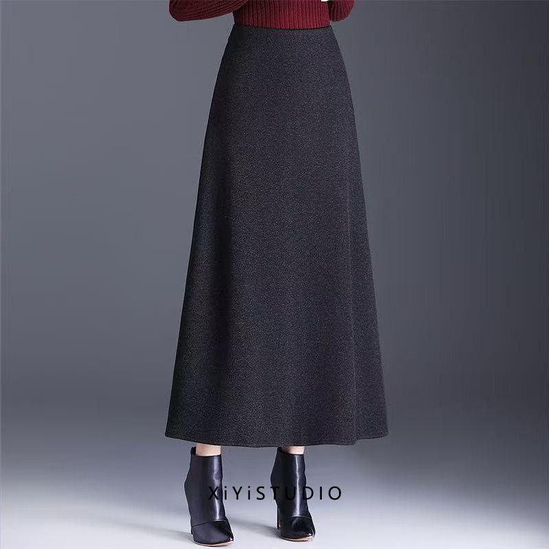 兮矣秋冬奥羊绒大摆a字半身裙女松紧高腰显瘦伞裙气质休闲长裙