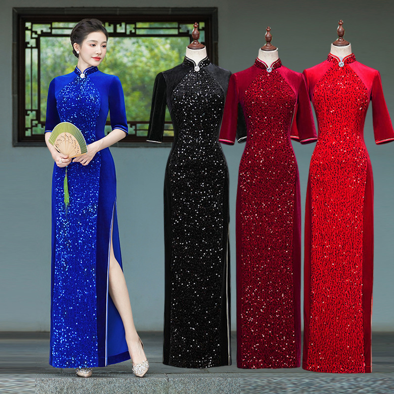 金丝绒旗袍2025年新款优雅亮片中袖中老年高端气质舞台走秀演出服