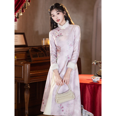 新中式奥戴旗袍冬季加绒加厚长袖年轻款少女日常改良连衣裙中长款