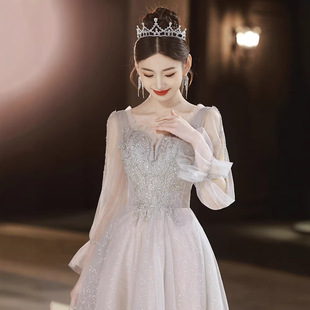 灰色晚礼服女2026新款高级感生日宴会主持成人连衣裙轻奢小众高端