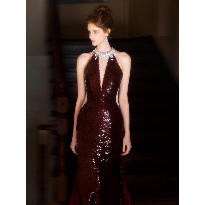 酒红重工晚礼服女2026新款高级感绝美鱼尾高端订婚宴会主持人年会,女装/女士精品,婚纱,淘宝优惠券,粉丝福利购,淘宝优惠卷