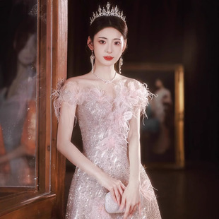 成人礼晚礼服女轻奢小众高端粉色宴会主持人生日亮片裙绝美高级感