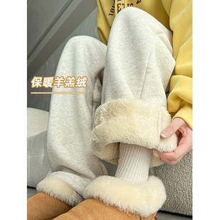 灰色羊羔绒运动裤 女秋冬高腰直筒休闲小个子加绒宽松阔腿束脚卫裤