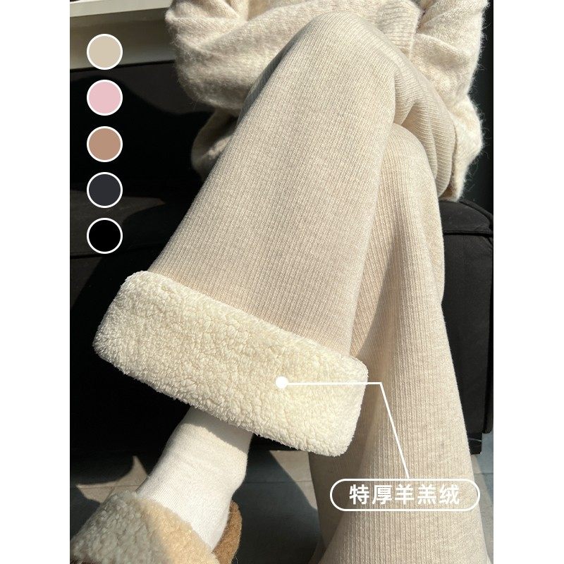 复古燕麦色羊羔绒阔腿裤女春秋高腰休闲加绒小个子羊绒窄版直筒裤,女装/女士精品,休闲裤,淘宝优惠券,粉丝福利购,淘宝优惠卷