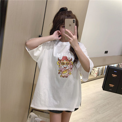 Real price 2021 spring new split print medium length loose short sleeve T-shirt