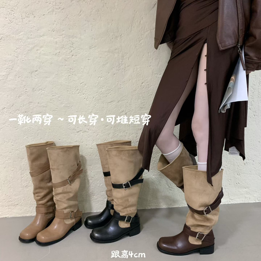 阿里情人-大筒围堆堆长靴复古鞋头擦色面方头慵懒风长靴8420-520图片