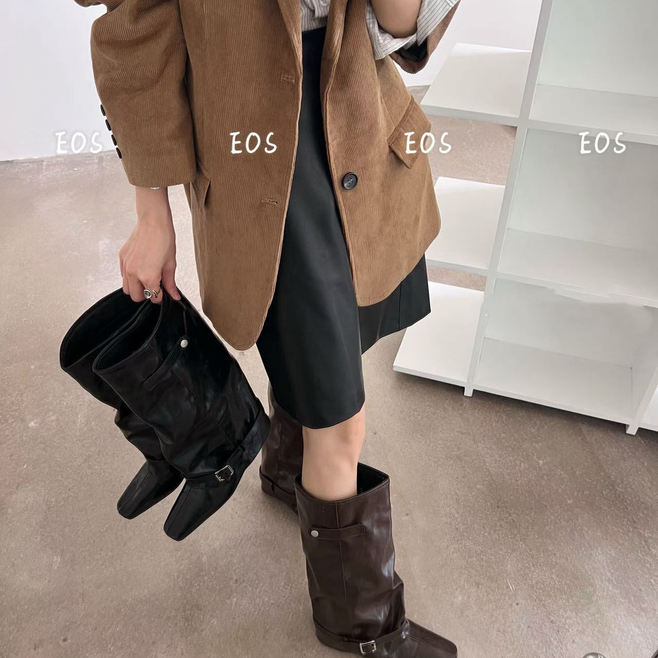 EOS-长靴女2026秋款褶皱堆堆靴软底显瘦宽筒平底高短靴XD6819-35