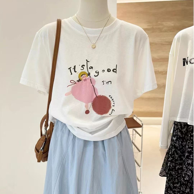 姗姐-26夏上新新款韩系氛围感百搭卡通印花减龄通勤短袖T恤(n8751