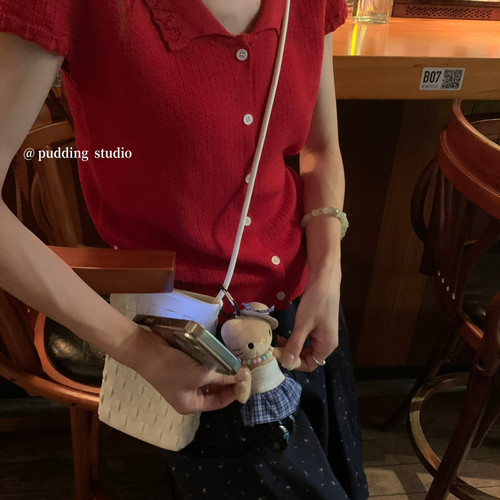 pudding布丁家-26年夏上新韩女温柔甜美娃娃领超大弹力针织开895