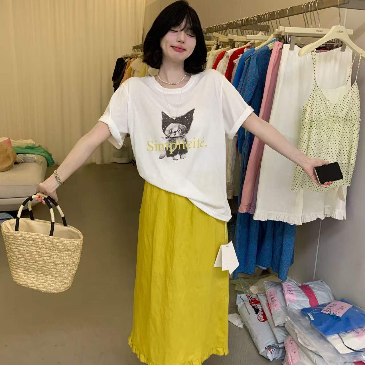 melon-26夏上新高腰松紧腰显瘦A字裙木耳边中长款垂感半身Q626092