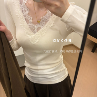 XIA夏夏-V领睫毛蕾丝花边磨毛发热打底衫修身保暖上衣HS6627-1MY