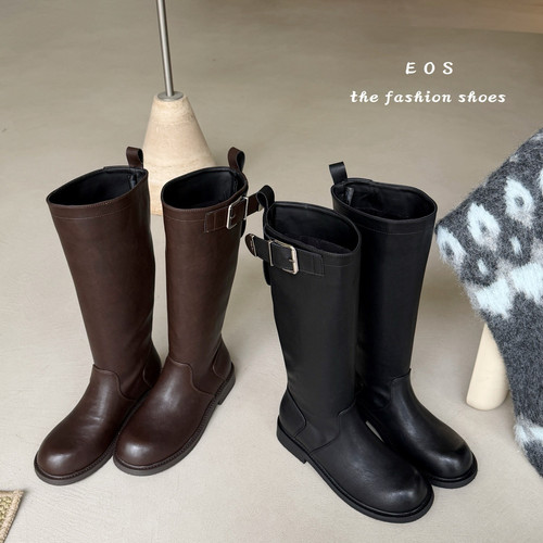EOS-韩系瘦瘦长筒骑士靴女鞋黑色直筒靴中筒长靴女长靴CC25299-2