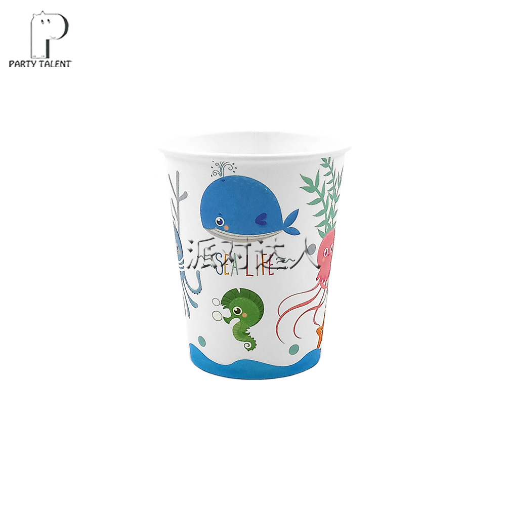 可爱海洋生物鱼类鲸海星儿童宝宝生日派对一次性餐具纸杯子饮料水